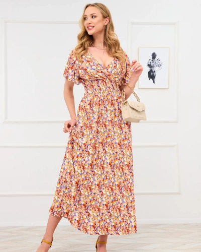 Robe longue à motifs floraux marron clair pour femme - Vêtements