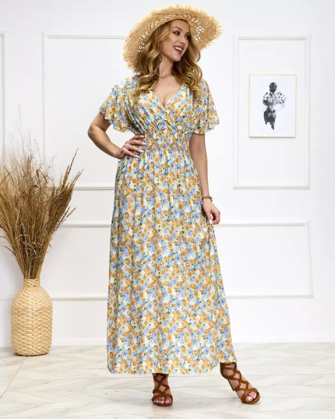 Robe midi à fleurs bleues et jaunes pour femme - Chaussures