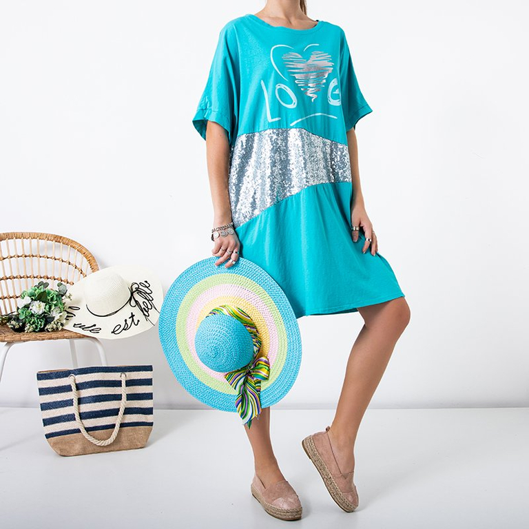 Tunique femme turquoise avec décorations oversize argentées - Vêtements