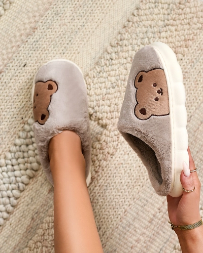 Royalfashion Pantoufles en fourrure pour femme avec ours en peluche en gris Fetemes