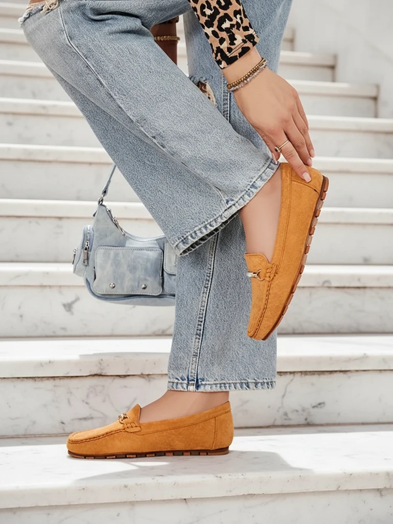 Mocassins pour Femmes Camel Aurelia en Daim avec Ornement - Confort et Style sur Talon Plat