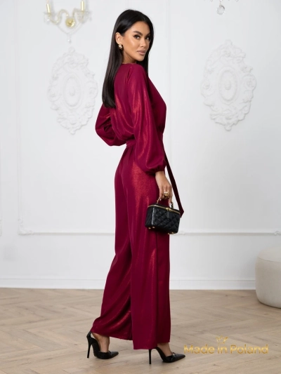 Combi-pantalon pour femmes 'Valentina' bordeaux avec manches longues et jambes larges