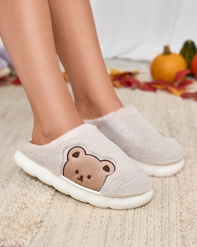 Royalfashion Pantoufles en fourrure pour femme avec ours en peluche en gris clair Fetemes