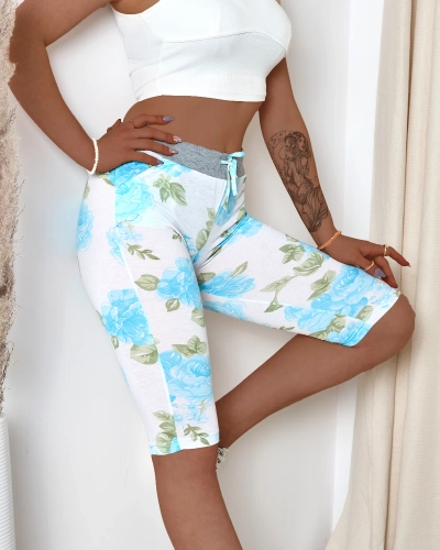 Short 3/4 femme blanc à fleurs bleues - Vêtements
