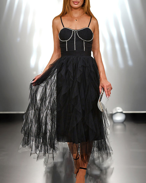 Royalfashion Robe midi femme noire avec tulle