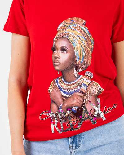 T-shirt femme rouge imprimé coloré et sequins - Vêtements