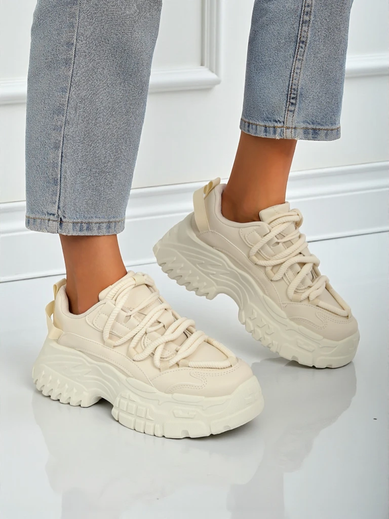 Sneakers beiges pour femmes Athenia en cuir écologique sur plateforme de 6,5 cm