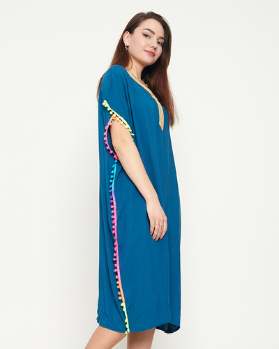 Tunique de plage été femme turquoise à pompons - Vêtement
