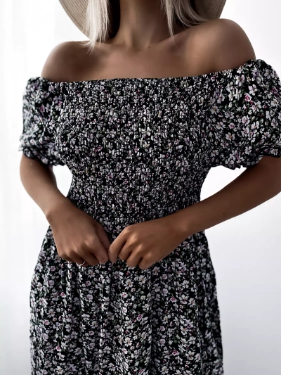 Robe midi à fleurs pour femme noire - Vêtements