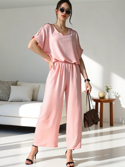 Ensemble décontracté Royalfashion pour femmes avec blouse à manches courtes et pantalon large