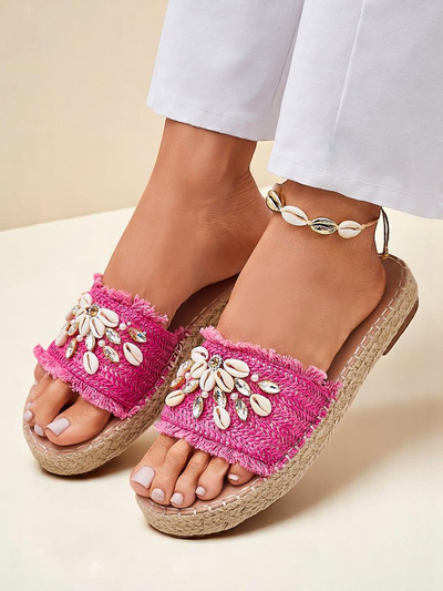 Claquettes pour femmes Royalfashion Callista Fuchsia sur plateforme avec coquillages