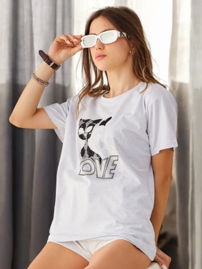 Royalfashion T-shirt en coton pour femmes Cat Love