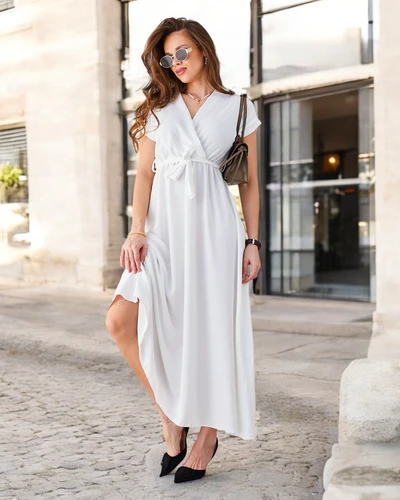 Robe midi Royalfashion pour femmes avec un décolleté enroulé, des manches courtes et une ceinture