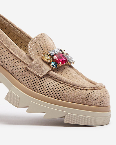 Mocassins pour femmes ajourés marron clair avec ornement Bokkso- Footwear