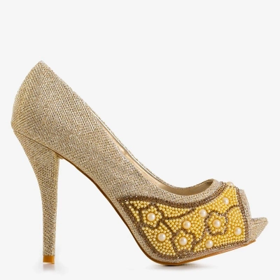 OUTLET Talons hauts brillants pour femmes en or avec zircons cubiques et perles Mira - Footwear