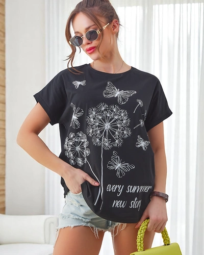 T-shirt en coton pour femmes Royalfashion avec des pissenlits et un papillon