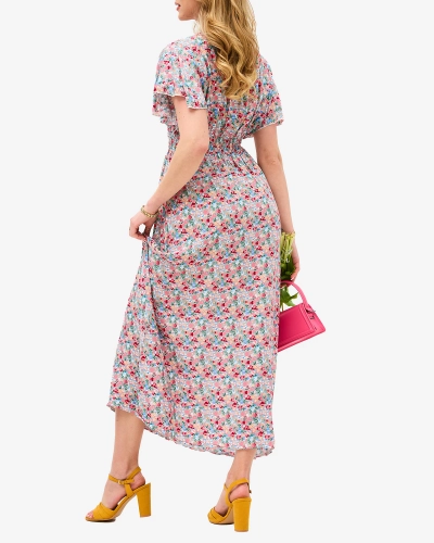 Robe midi pour femme beige floral avec encolure enveloppe - Vêtements