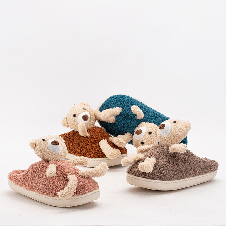 Chaussons femme marron avec ours en peluche - Chaussures