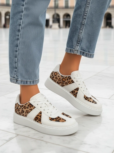 Baskets pour Femmes Calista Leopardia – Blanc Cuir Écologique Tissu Printemps 4cm