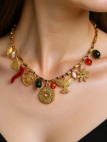 Collier Atena Charm Collana – amulettes dorées avec des motifs antiques