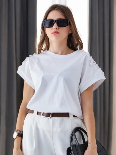 T-shirt en coton pour femme Royalfashion avec manches en dentelle