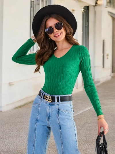 Pull col V vert femme - Vêtements