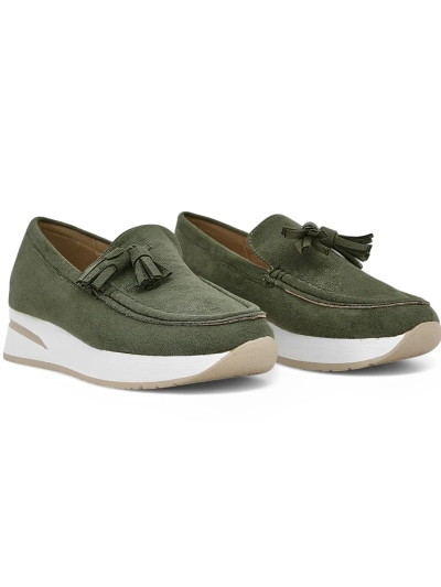 Aurelia Verde – Mocassins verts pour femmes en éco-daim sur plateforme compensée de 4 cm