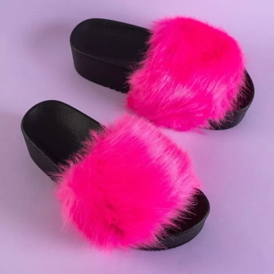 Pantoufles compensées rose fluo pour femmes avec fourrure Lorina - Chaussures