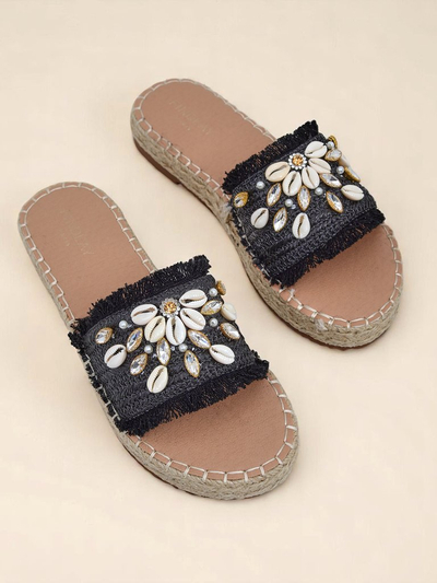 Sandales pour femmes Royalfashion Helena Decor espadrilles noires avec coquillages