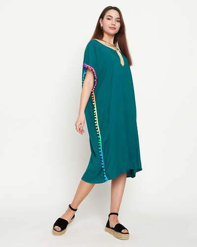 Tunique de plage été femme vert foncé à pompons - Vêtement