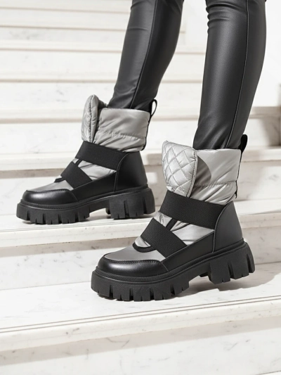 Bottes de neige pour femmes à semelle plate en noir-gris Ferory- Footwear
