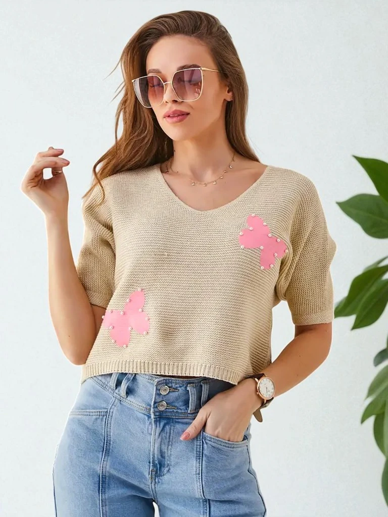 Royalfashion Pull court en coton pour femmes avec des papillons