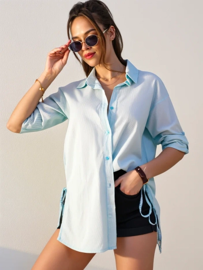 Chemise rayée en coton pour femmes Royalfashion, plus longue avec un lien à la taille