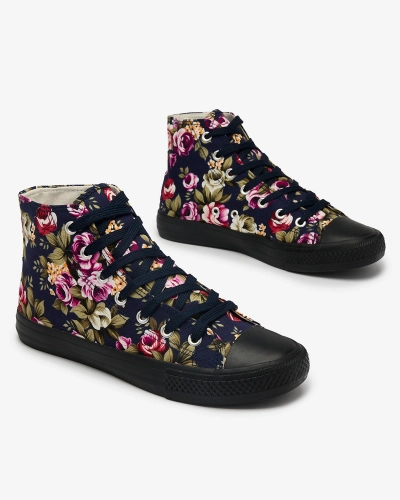 Royalfashion Baskets montantes bleu marine pour femme avec fleurs colorées Soxic