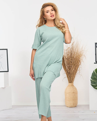 Ensemble femme en coton rayé vert clair - Vêtements