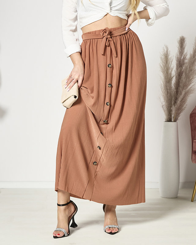 Jupe maxi plissée marron pour femme avec boutons - Vêtements