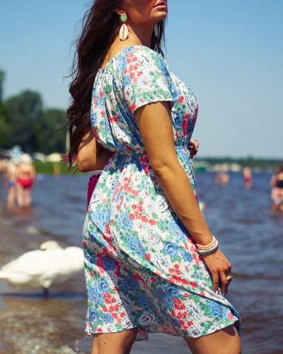 Royalfashion Mini robe florale pour femme a'la hiszpanka en bleu
