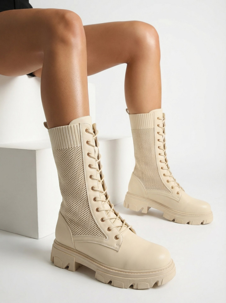 Royalfashion Bottes ajourées à lacets crème pour femme Buhomias