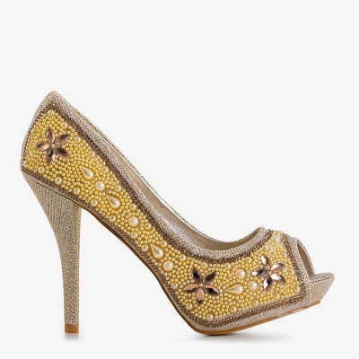OUTLET Escarpins femme en brocart or avec zircons et perles Gitana - Chaussures
