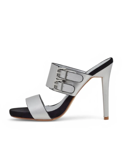 Sandales Aletheia argentées à talon aiguille 12cm en cuir écologique à brides
