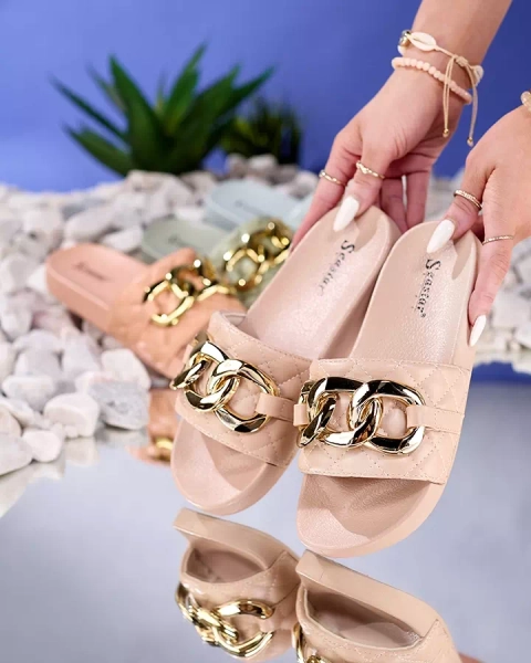Chaussons matelassés beiges femme avec chaîne dorée Eteris - Footwear