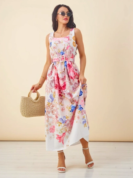 Robe midi en viscose pour femmes de Royalfashion avec des bretelles, avec une ceinture à fleurs variées