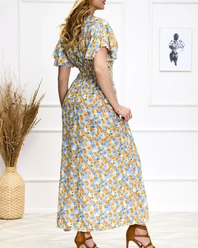 Robe midi à fleurs bleues et jaunes pour femme - Chaussures