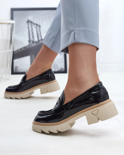Mocassins en cuir verni écologique pour femme noir Sepop- Footwear