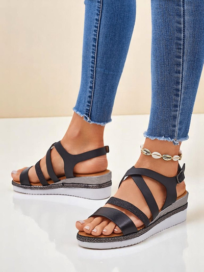 Aurelia Nero – Sandales compensées noires pour femmes Royalfashion en cuir écologique