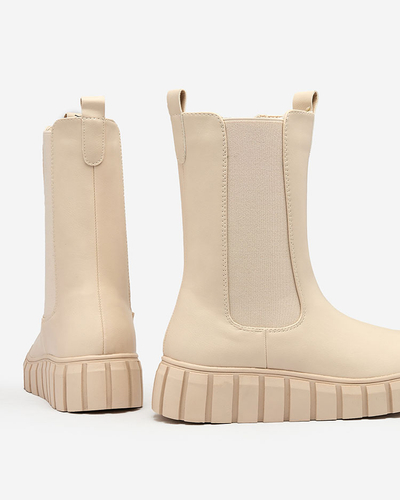 Royalfashion Bottes hautes à talon plat pour femmes en écru Elicane