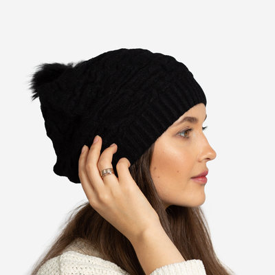 Bonnet chaud femme noir à pompon - Accessoires