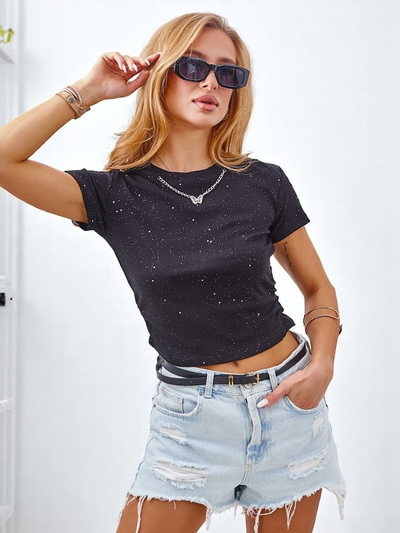 Royalfashion T-shirt en coton pour femme avec fronces latérales, détail chaîne et paillettes