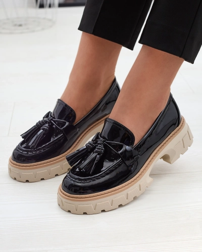 Mocassins laqués noirs à glands pour femme Kaipo- Footwear