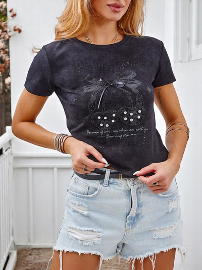T-shirt en coton pour femme Royalfashion avec strass et nœud